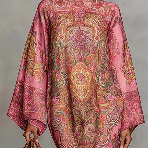 Abito ampio con maniche svasate e stampa floreale rosa