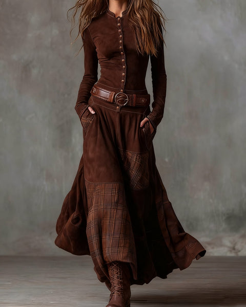 Abito lungo in pelle scamosciata con motivo check vintage (con cintura)