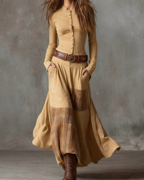 Abito lungo in pelle scamosciata con motivo check vintage (con cintura)