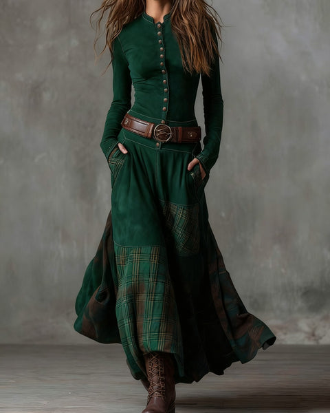 Abito lungo in pelle scamosciata con motivo check vintage (con cintura)