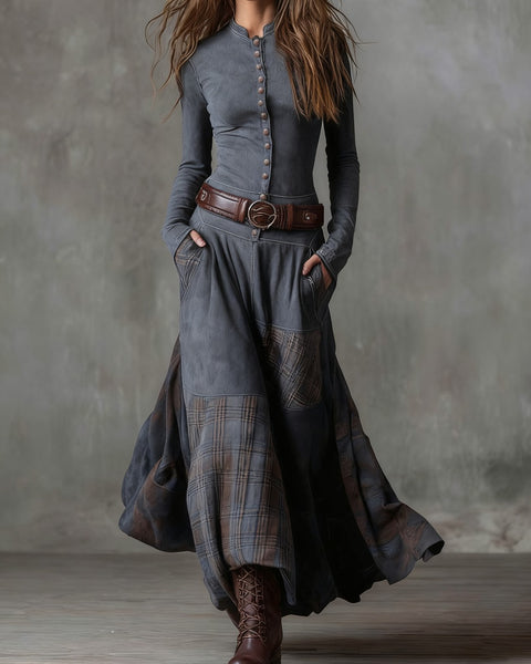 Abito lungo in pelle scamosciata con motivo check vintage (con cintura)