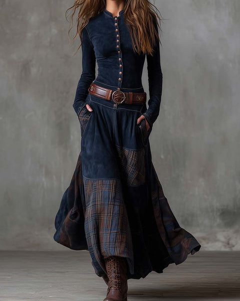 Abito lungo in pelle scamosciata con motivo check vintage (con cintura)