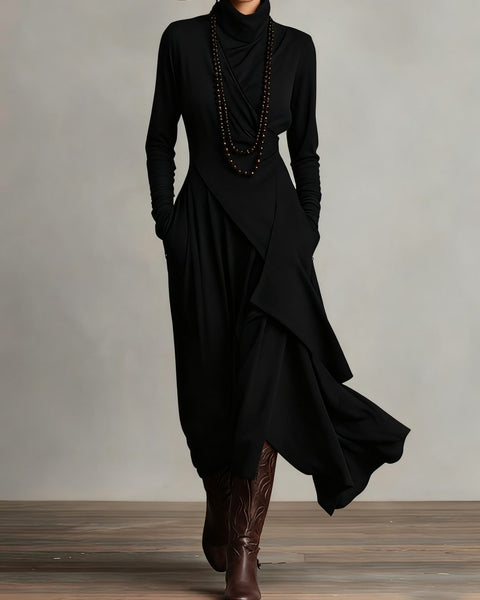 Abito lungo plissettato asimmetrico viola con collo alto