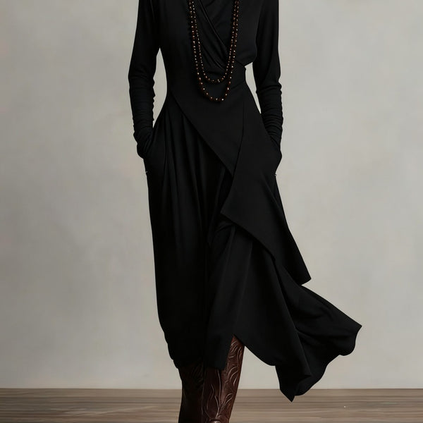 Abito lungo plissettato asimmetrico viola con collo alto