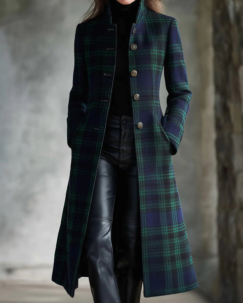 Cappotto midi retrò a quadri bicolore blu-verde