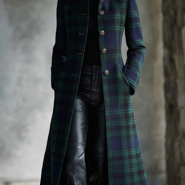 Cappotto midi retrò a quadri bicolore blu-verde