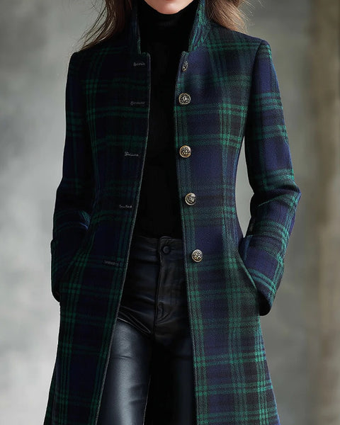 Cappotto midi retrò a quadri bicolore blu-verde