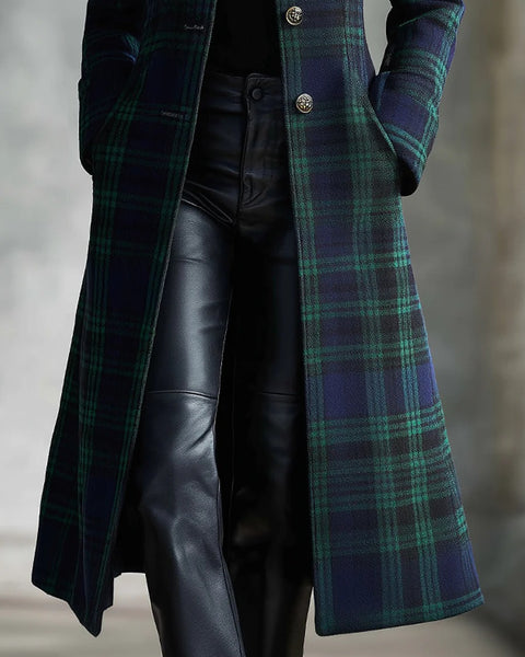 Cappotto midi retrò a quadri bicolore blu-verde