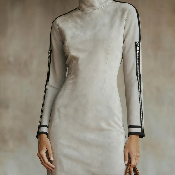 Abito corto con zip e collo alto in finta pelle scamosciata