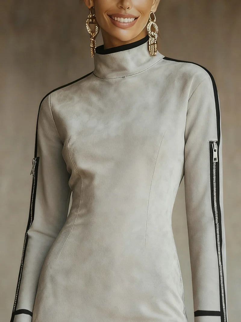 Abito corto con zip e collo alto in finta pelle scamosciata