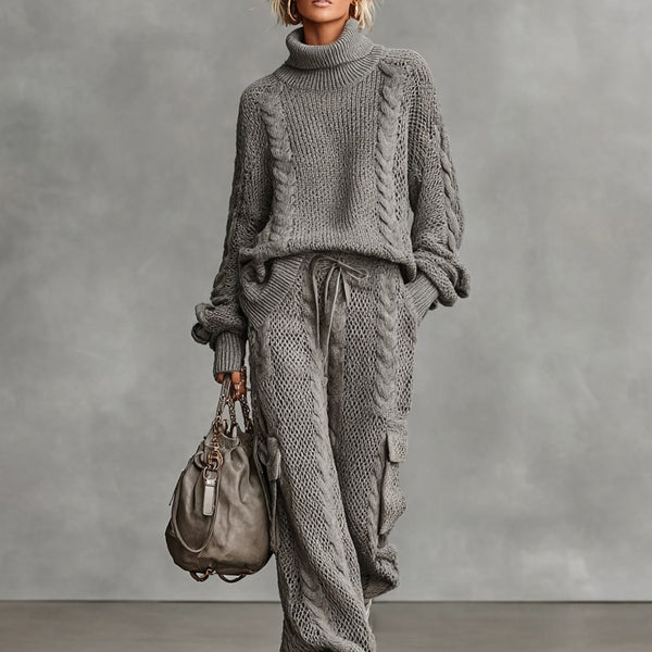 Completo pantalone cargo e maglione a collo alto in maglia intrecciata