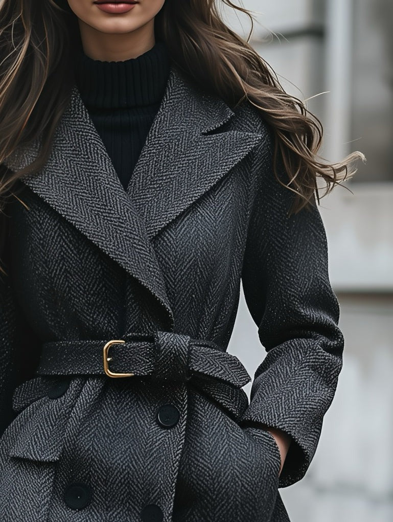 Elegante cappotto di media lunghezza con motivo scuro e revers a punta