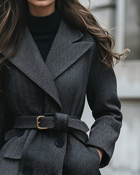 Elegante cappotto di media lunghezza con motivo scuro e revers a punta