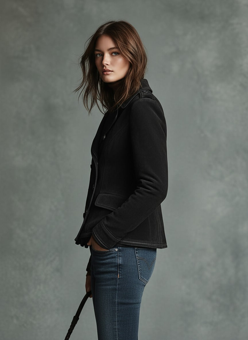 Giacca retrò incrociata da donna in finta pelle scamosciata