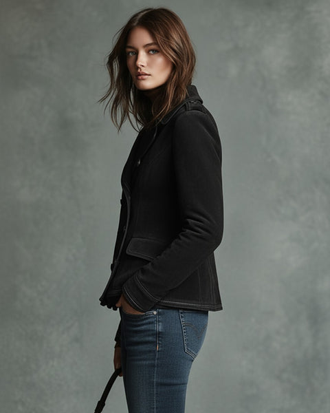 Giacca retrò incrociata da donna in finta pelle scamosciata