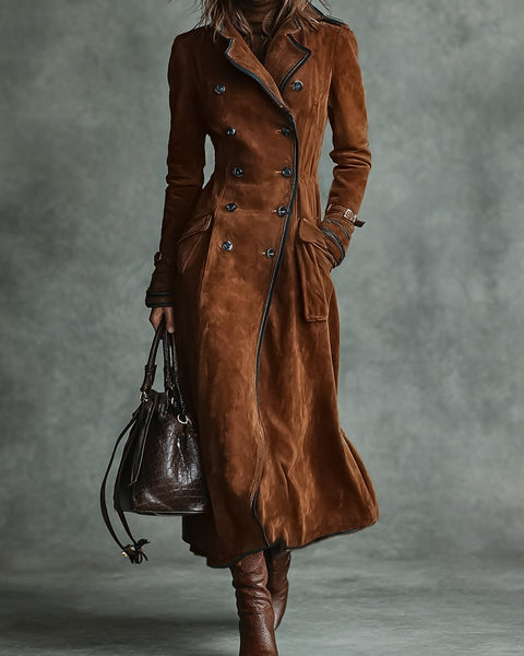 Cappotto lungo doppiopetto con rever e bordatura in pelle scamosciata