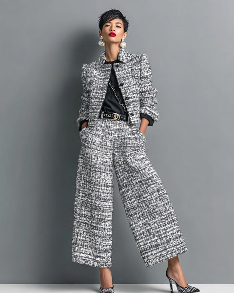 Completo composto da giacca corta monopetto e pantaloni larghi in tweed