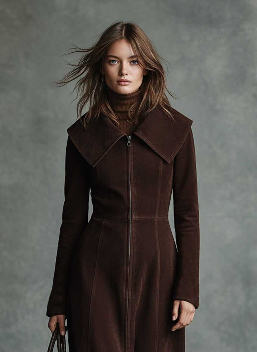 Cappotto minimalista da donna in finta pelle scamosciata