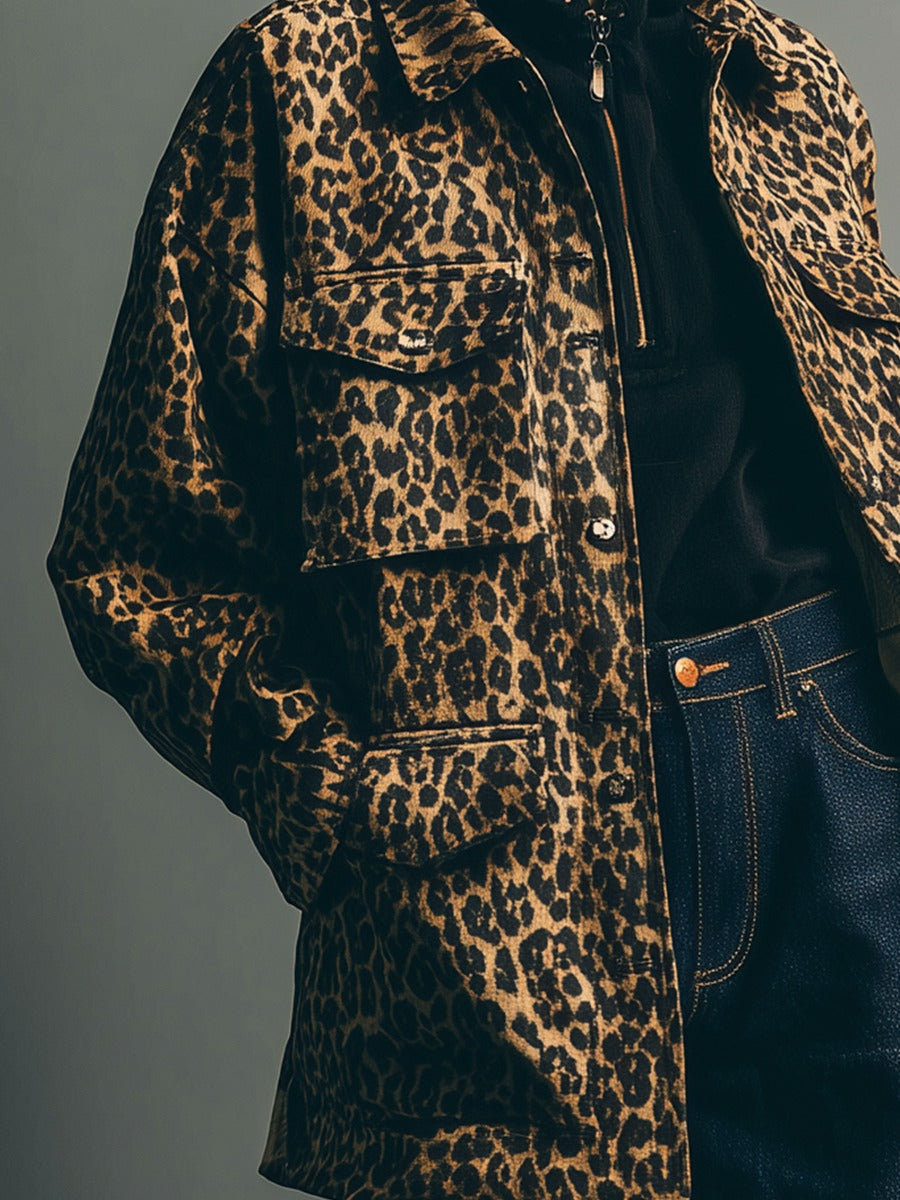 Giacca con revers e stampa leopardata retrò