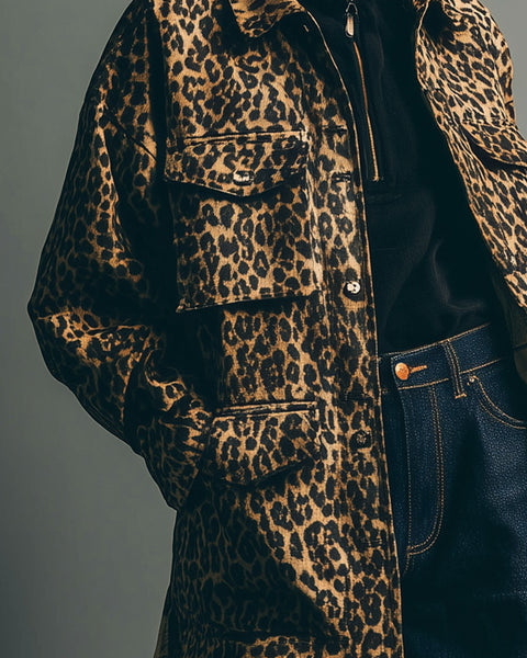 Giacca con revers e stampa leopardata retrò
