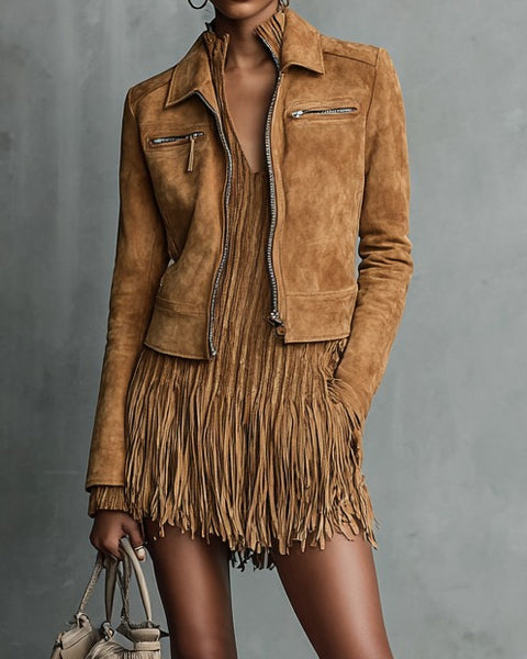 Giacca corta in pelle scamosciata con risvolto e chiusura lampo