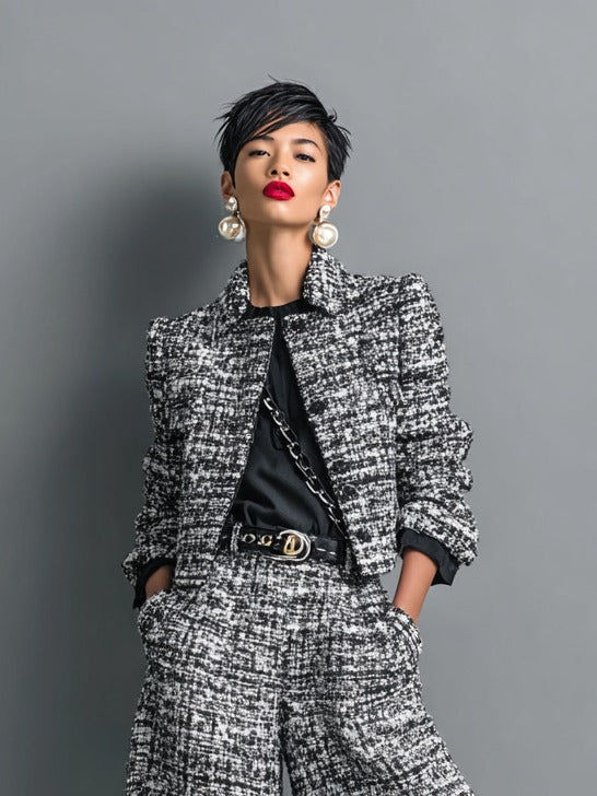 Completo composto da giacca corta monopetto e pantaloni larghi in tweed