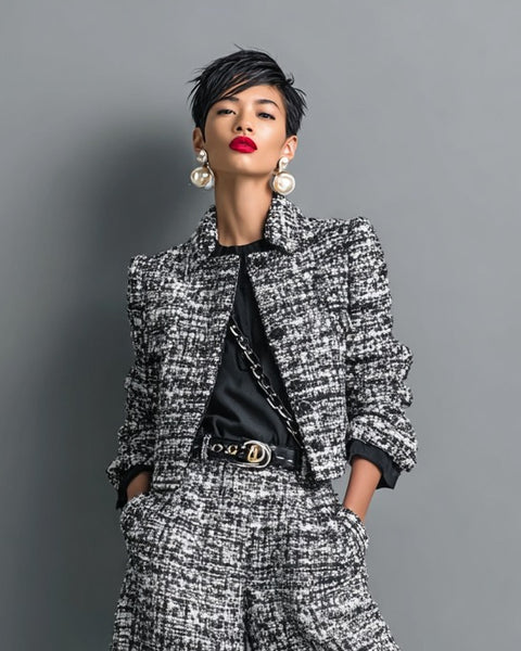 Completo composto da giacca corta monopetto e pantaloni larghi in tweed