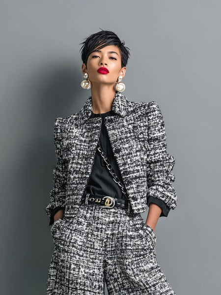 Completo composto da giacca corta monopetto e pantaloni larghi in tweed