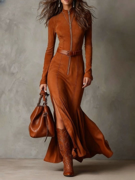 Abito lungo vintage con cerniera e cintura