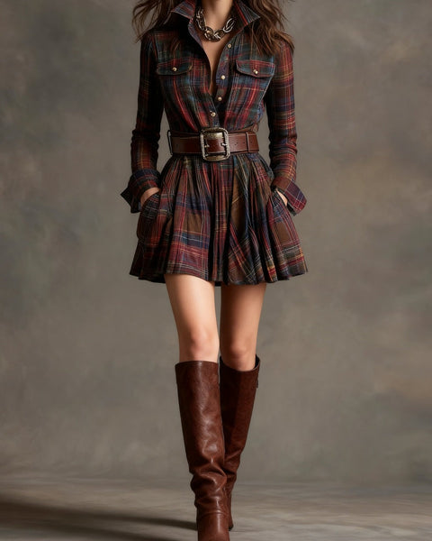 Abito corto vintage con risvolti e quadri