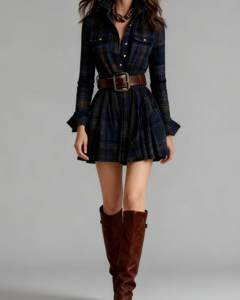 Abito corto vintage con risvolti e quadri