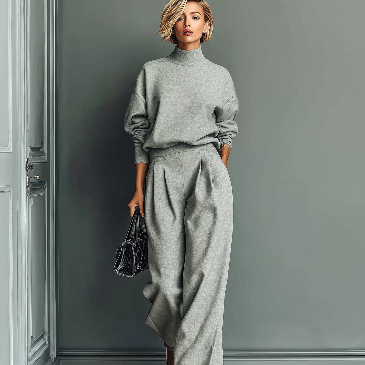 Completo pantalone largo e felpa grigio melange