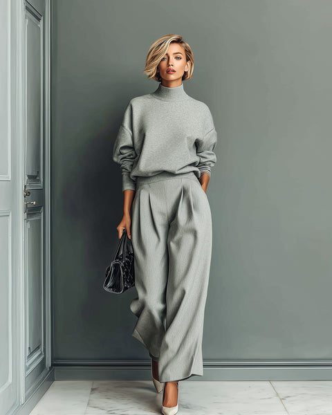 Completo pantalone largo e felpa grigio melange